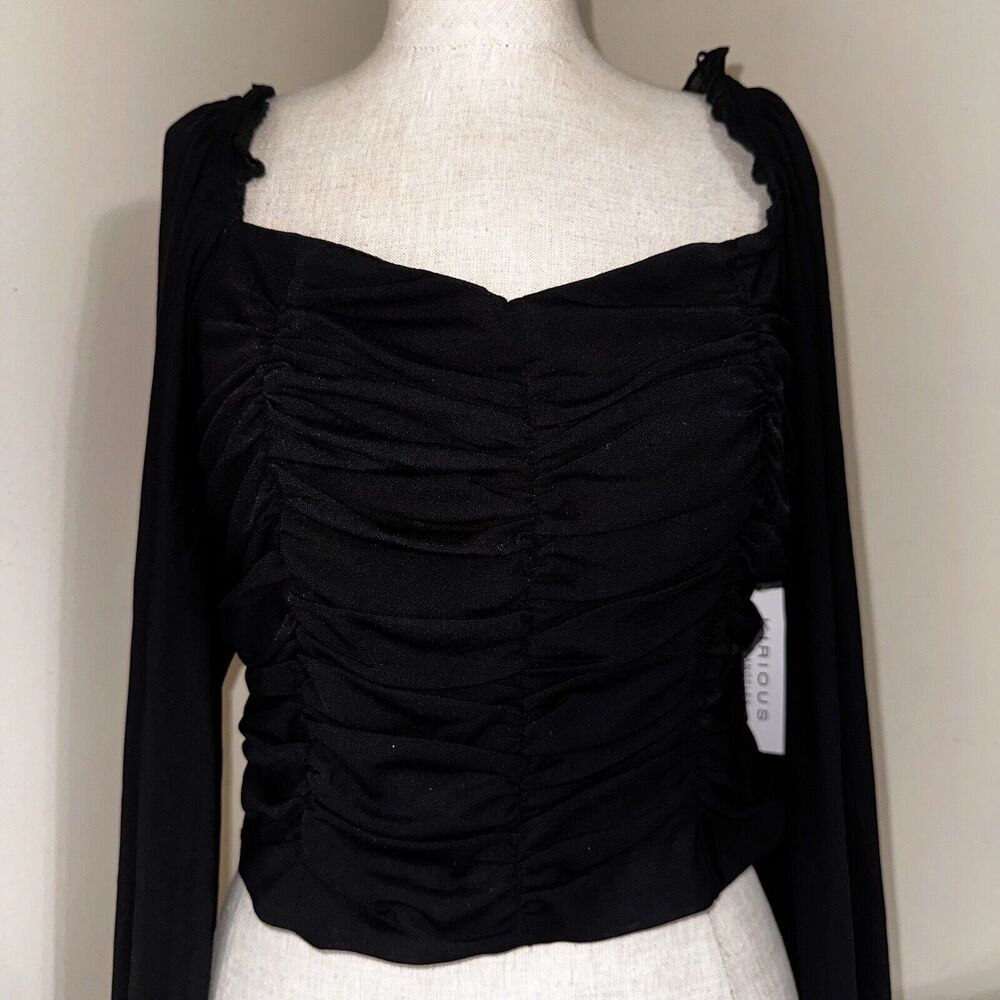 NWT Kirious Cropped Gathered Mesh Net Sleeves Halter Top Size Large - Picture 3 of 14